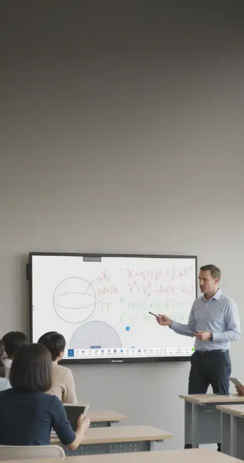 Docente explicando ecuaciones en una pantalla interactiva