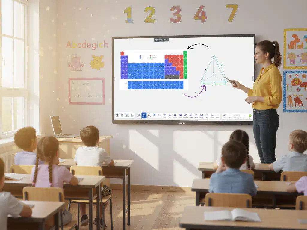 Docente explicando la tabla periódica en una pantalla interactiva frente a su clase
